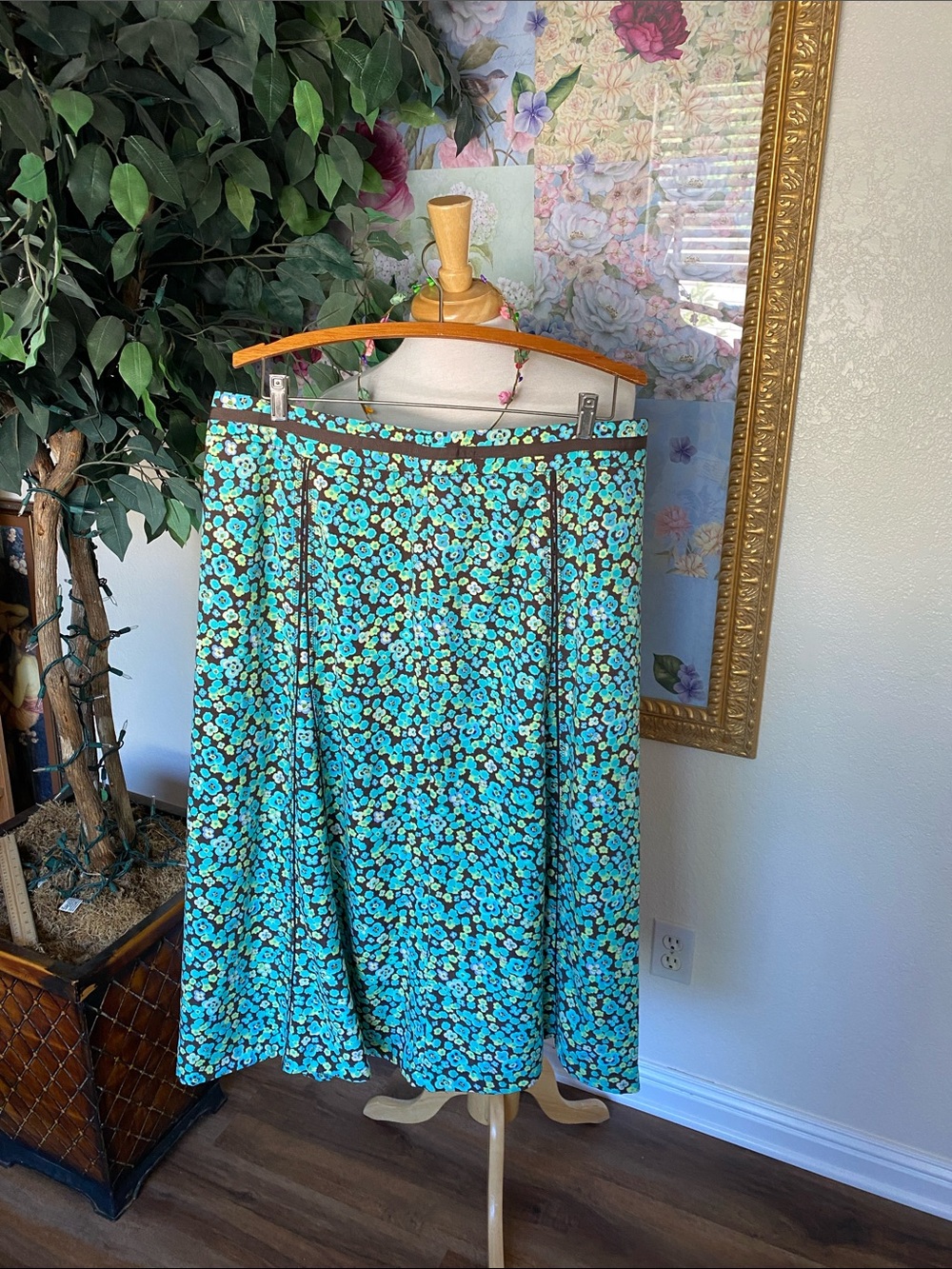 Floral Maxi Skirt in Teal and Black with Contrast Trim